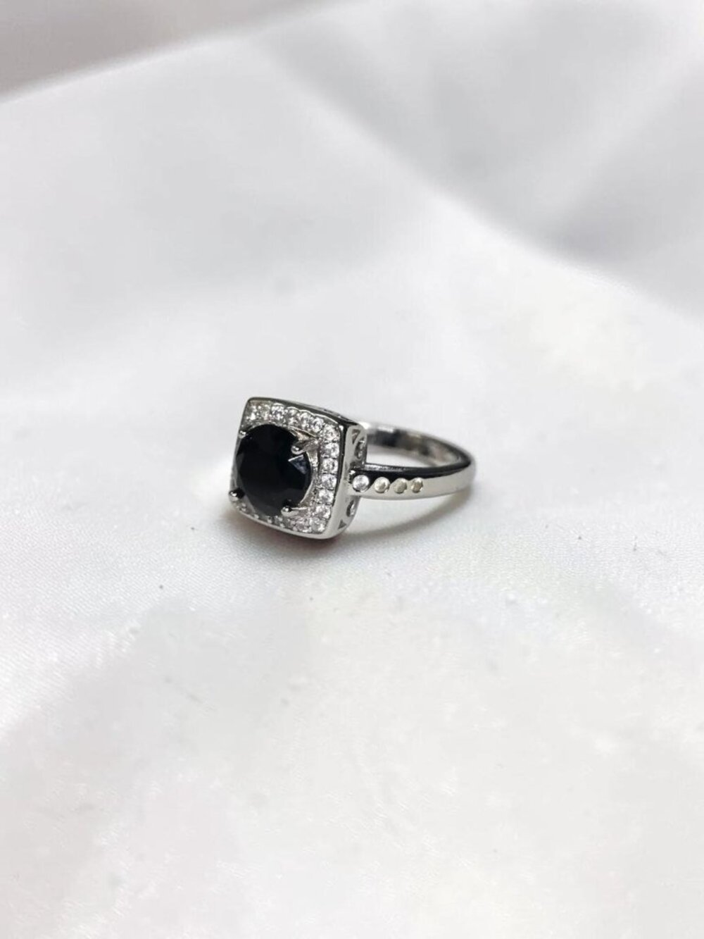 Gothic Glam Round Black Stone Halo Statement Ring - Size 6.75
